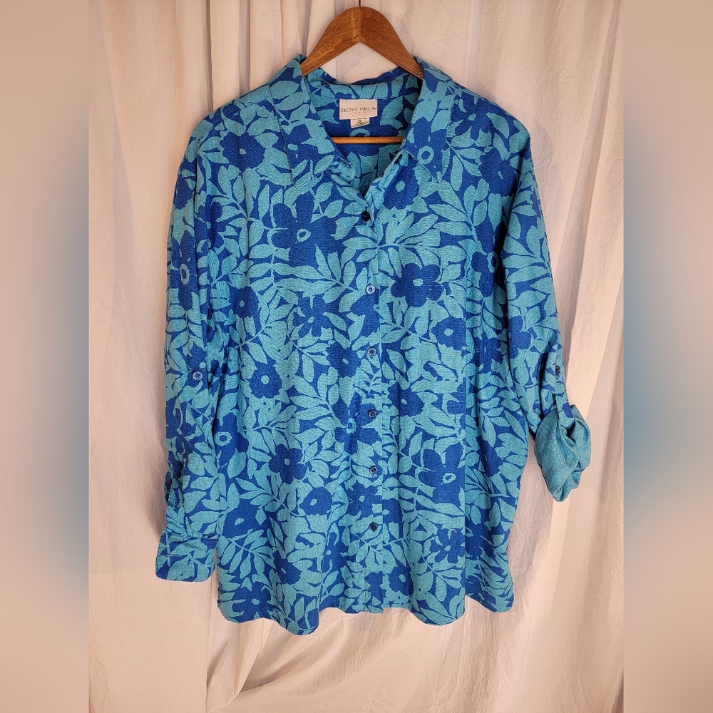 Linen Tropical Blue Floral Henley Blouse Plus Size
